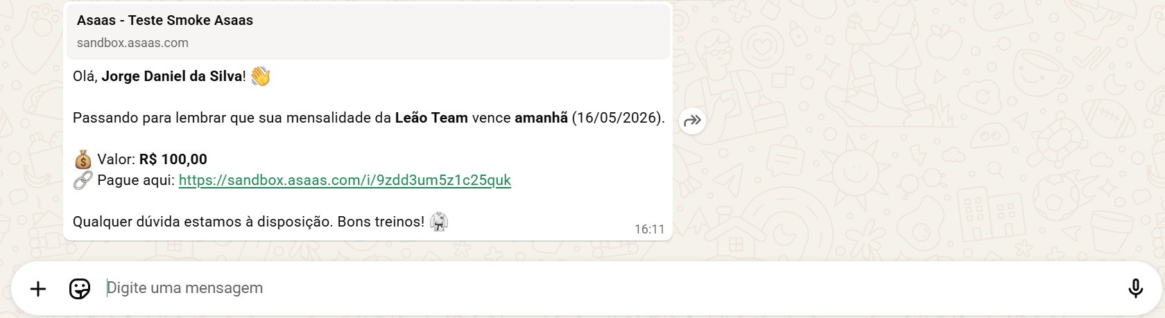 Mensagem de cobrança no WhatsApp do aluno
